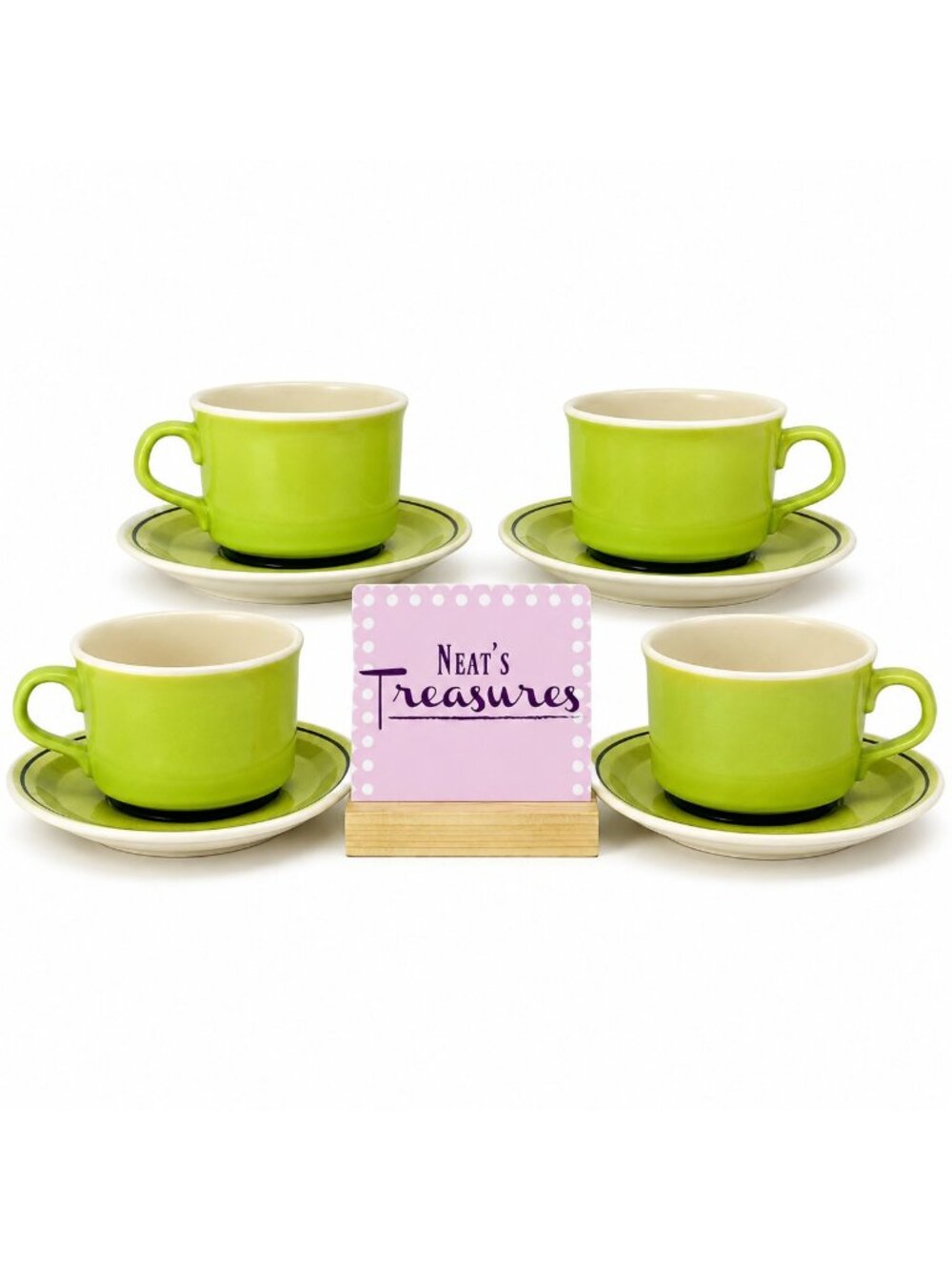 70s Taylor Smith Taylor TS&T Ironstone GREEN SPAN Solid Flat Cup & Saucer  Set 4